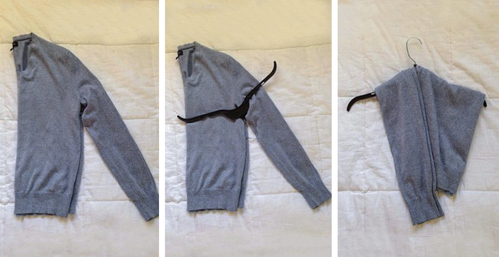 Prevent shoulder bumps by hanging your sweaters like this.