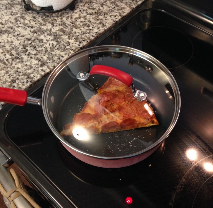 Reheat pizza in a pan for a crispier crust and melted cheese.