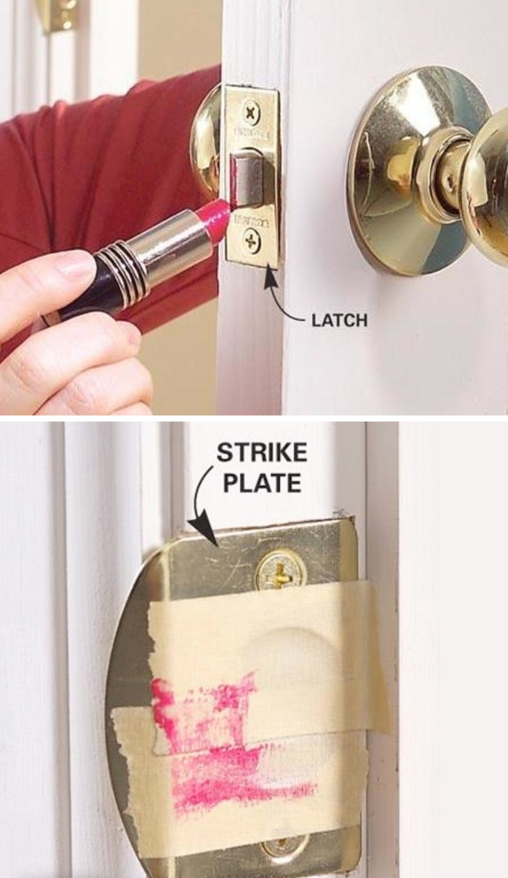 You can use lipstick to find out where the latch hits the plate.