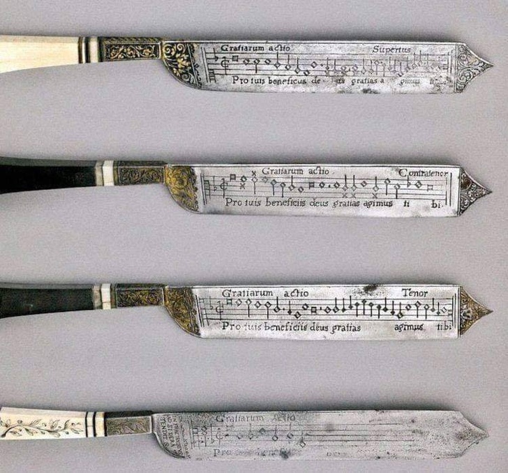 An extremely rare set of 16th-century knives engraved with musical scores.
