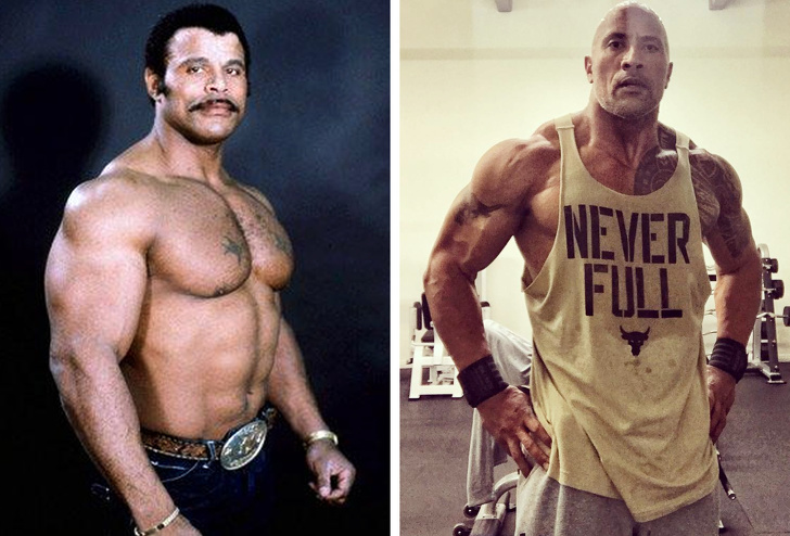 Dwayne “The Rock” Johnson and his father, wrestler Rocky Johnson.