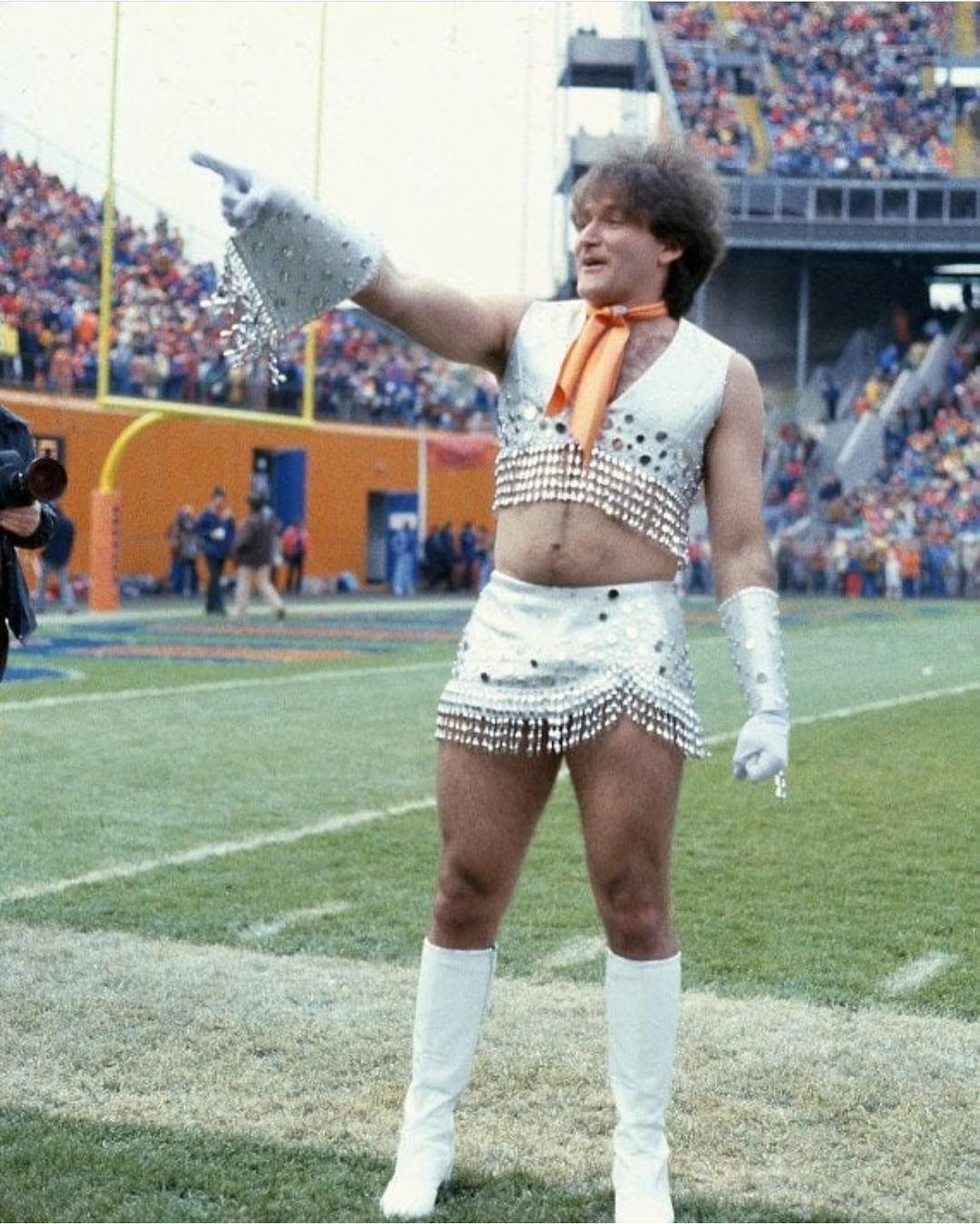 Robin Williams as a cheerleader for the Denver Broncos, 1979.