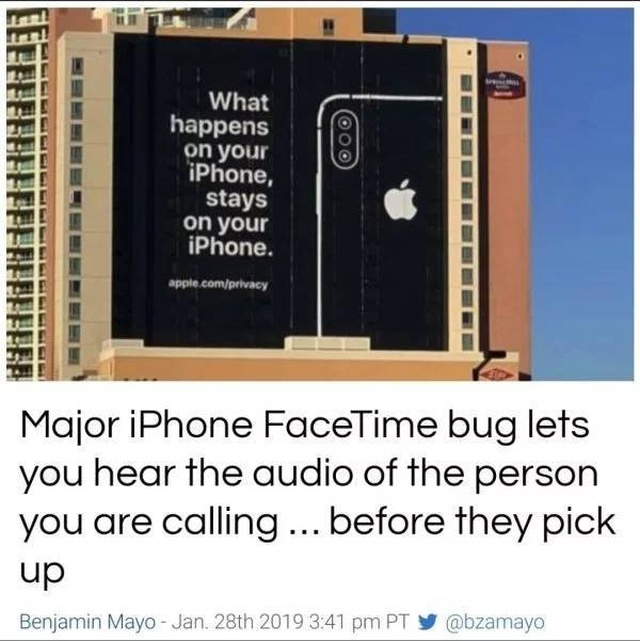 apple las vegas billboard - What happens on your iPhone, stays on your iPhone. apple.comprivacy Major iPhone FaceTime bug lets you hear the audio of the person you are calling ... before they pick up Benjamin Mayo Jan. 28th 2019 Pt y