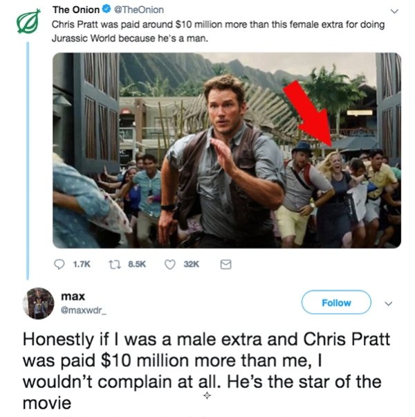 onion headlines - The Onion Chris Pratt was paid around $10 million more than this female extra for doing Jurassic World because he's a man. 8.5 320 max Honestly if I was a male extra and Chris Pratt was paid $10 million more than me, wouldn't complain at