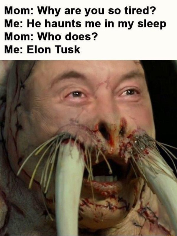 elon tusk meme - Mom Why are you so tired? Me He haunts me in my sleep Mom Who does? Me Elon Tusk