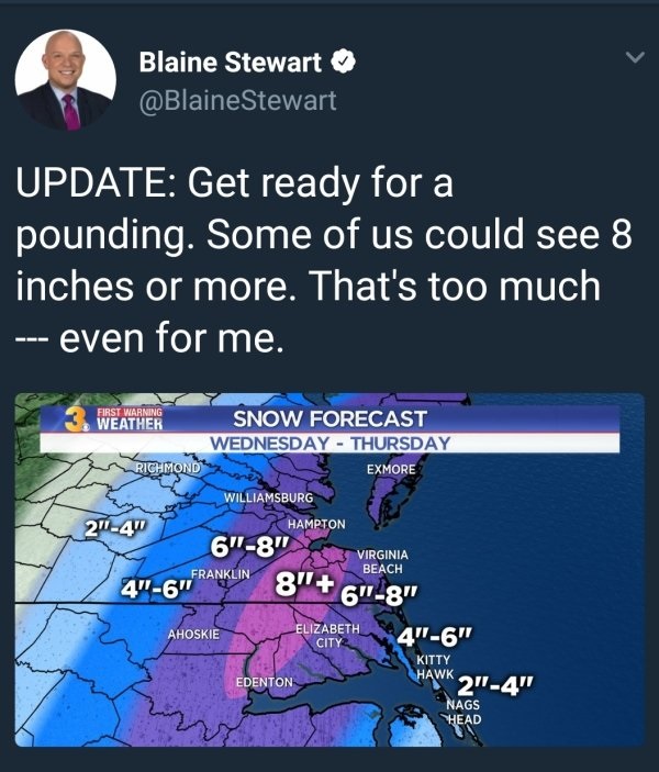 accidental comedy - Blaine Stewart Stewart Update Get ready for a pounding. Some of us could see 8 inches or more. That's too much even for me. First Warning Weather Snow Forecast Wednesday Thursday Richmond Exmore Williamsburg 2"4" Hampton 6"8" Virginia 