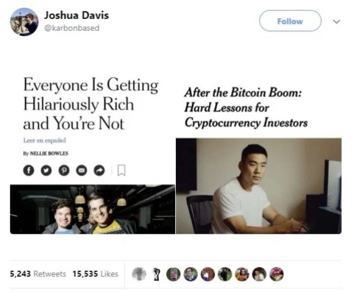 multimedia - Joshua Davis Everyone Is Getting Hilariously Rich and You're Not After the Bitcoin Boom Hard Lessons for Cryptocurrency Investors Leer en espaol By Nellie Bowles 5,243 15,535 7 0 00