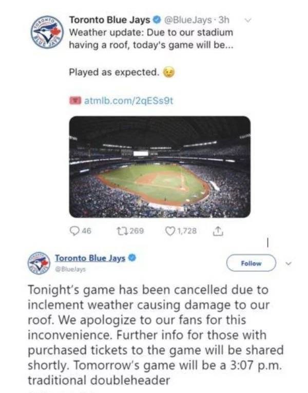 toronto blue jays new - Toronto Blue Jays Jays 3h Weather update Due to our stadium having a roof, today's game will be... Played as expected. atmb.com2qESs9t 46 2269 1,728 1 Toronto Blue Jays Bluejays Tonight's game has been cancelled due to inclement we