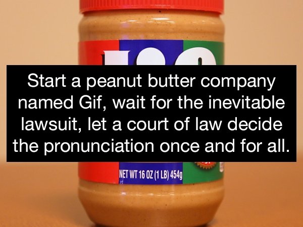 food additive - Start a peanut butter company named Gif, wait for the inevitable lawsuit, let a court of law decide the pronunciation once and for all. Net Wt 16 Oz 1 Lb 4549