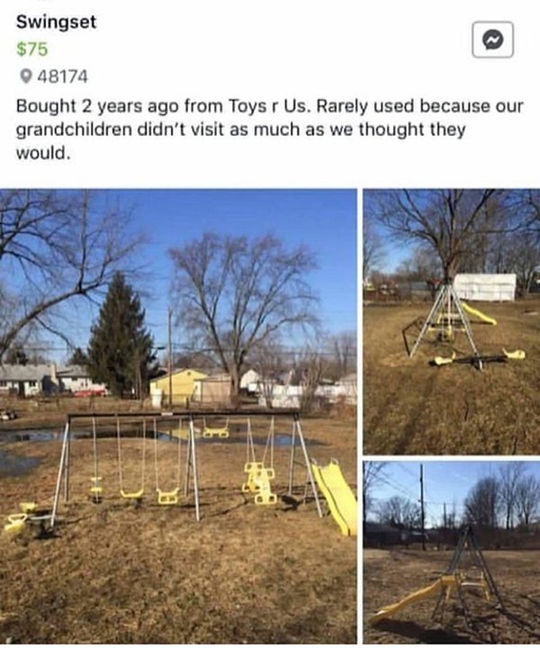 Humour - Swingset $75 48174 Bought 2 years ago from Toys r Us. Rarely used because our grandchildren didn't visit as much as we thought they would.