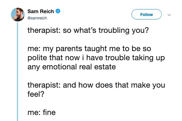 angle - Sam Reich v therapist so what's troubling you? me my parents taught me to be so polite that now i have trouble taking up any emotional real estate therapist and how does that make you feel? me fine