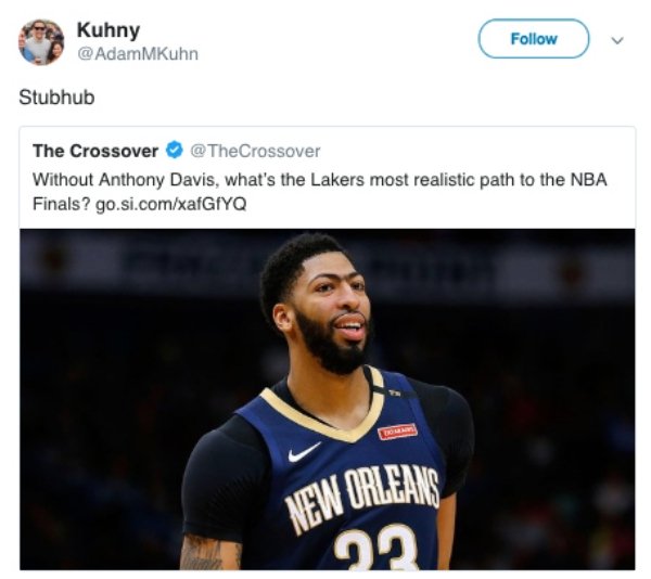 photo caption - Kuhny MKuhn Stubhub The Crossover Without Anthony Davis, what's the Lakers most realistic path to the Nba Finals? go.si.comxafGfYQ New Orleans