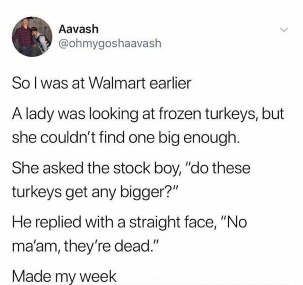 bratty sub meme - Aavash So I was at Walmart earlier A lady was looking at frozen turkeys, but she couldn't find one big enough. She asked the stock boy, "do these turkeys get any bigger?" He replied with a straight face, "No ma'am, they're dead." Made my