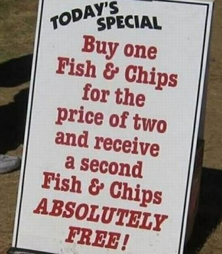 fish and chips jokes - Toda Special Buy one Fish & Chips for the price of two and receive a second Fish & Chips Absolutely Free!