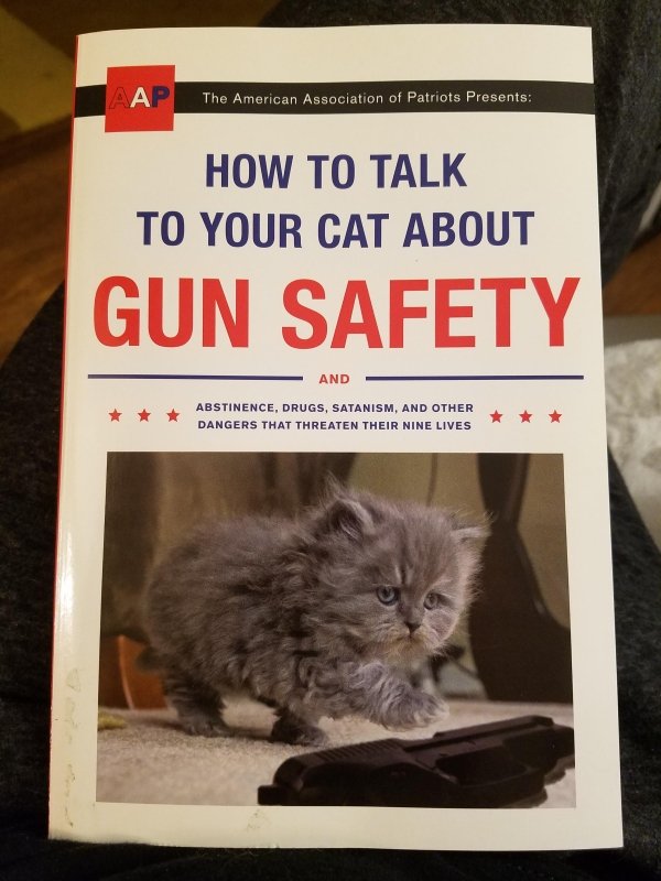 thrift store talk with your cat about gun safety - The American Association of Patriots Presents How To Talk To Your Cat About Gun Safety And Abstinence, Drugs, Satanism, And Other Dangers That Threaten Their Nine Lives