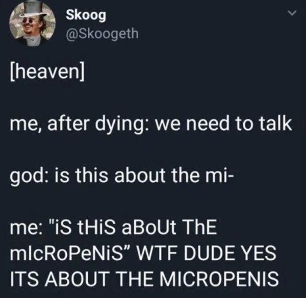dark humor - Skoog heaven me, after dying we need to talk god is this about the mi me "iS this aBoUt The microPeNiS" Wtf Dude Yes Its About The Micropenis