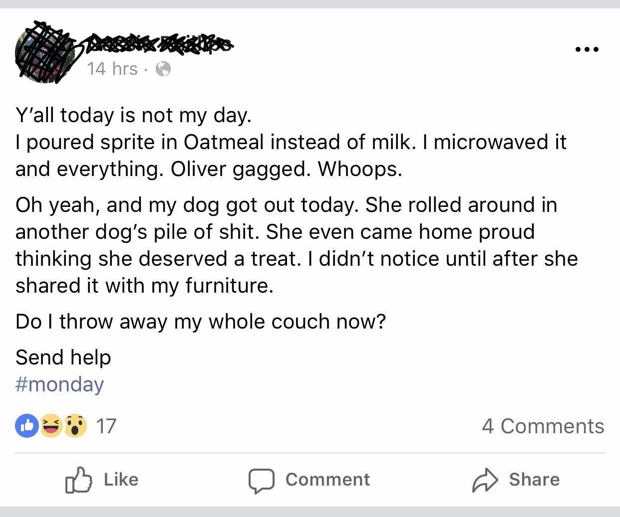 angle - 14 hrs. Y'all today is not my day. I poured sprite in Oatmeal instead of milk. I microwaved it and everything. Oliver gagged. Whoops. Oh yeah, and my dog got out today. She rolled around in another dog's pile of shit. She even came home proud thin