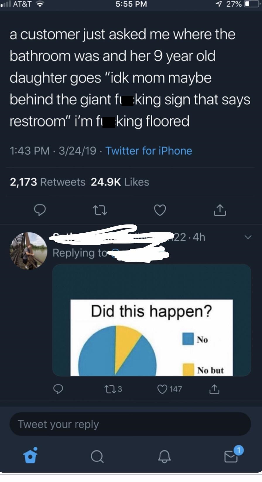 screenshot - . At&T 7 27% O a customer just asked me where the bathroom was and her 9 year old daughter goes "idk mom maybe behind the giant fi king sign that says restroom" i'm fi king floored . 32419 Twitter for iPhone 2,173 h v Did this happen? No No b