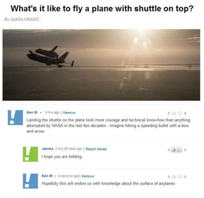 ken m on airplanes - What's it to fly a plane with shuttle on top? By Alicia Chang Ken M. 9 hrs ago Remove Landing the shuttle on the plane took more courage and technical knowhow than anything attempted by Nasa in the last few decades imagine hitting a s