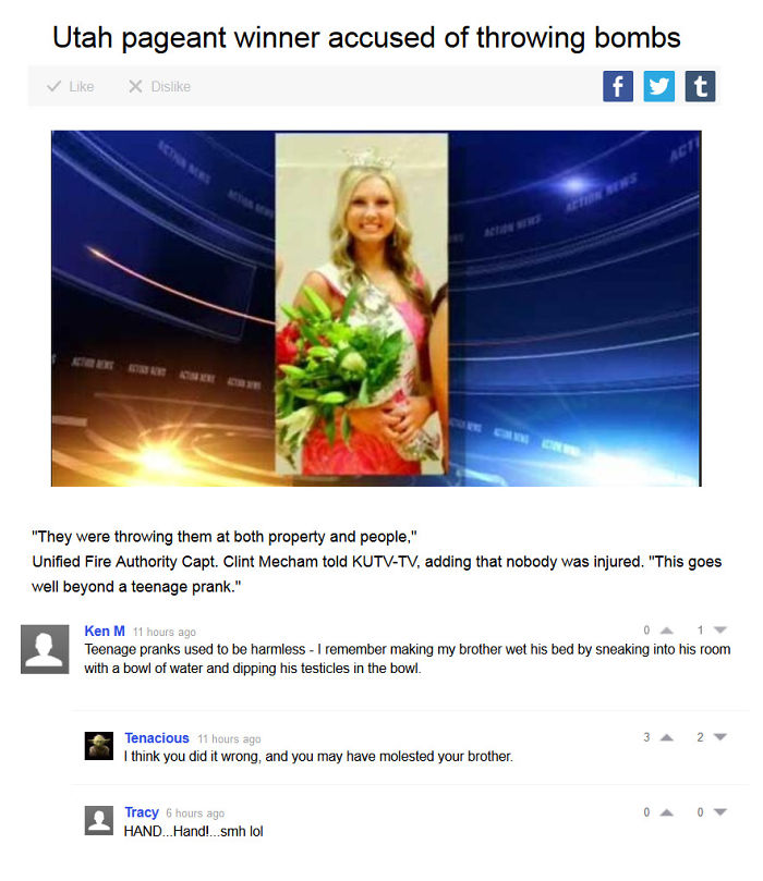 ken m troll reddit - Utah pageant winner accused of throwing bombs X Dis "They were throwing them at both property and people," Unified Fire Authority Capt. Clint Mecham told KutvTv, adding that nobody was injured. "This goes well beyond a teenage prank."