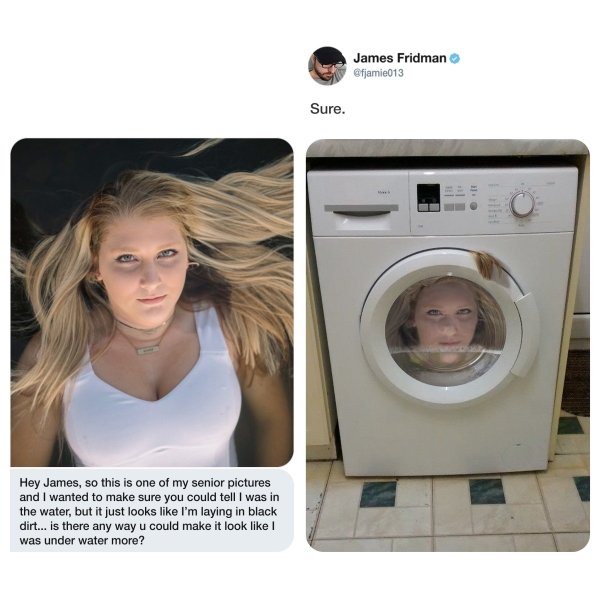 james fridman - James Fridman Sure. Hey James, so this is one of my senior pictures and I wanted to make sure you could tell I was in the water, but it just looks I'm laying in black dirt... is there any way u could make it look was under water more?
