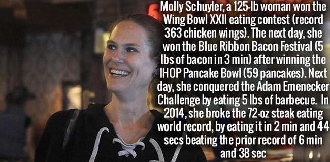 photo caption - Molly Schuyler, a 1251b woman won the Wing Bowl Xxii eating contest record 363 chicken wings. The next day, she won the Blue Ribbon Bacon Festival 5 lbs of bacon in 3 min after winning the Ihop Pancake Bowl 59 pancakes. Next day, she conqu