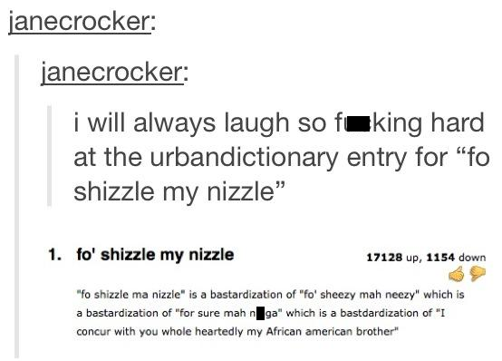 like shizzle my nizzle urban dictionary - janecrocker janecrocker i will always laugh so fuking hard at the urbandictionary entry for fo shizzle my nizzle" 1. fo' shizzle my nizzle 17128 up, 1154 down "fo shizzle ma nizzle" is a bastardization of "fo' she