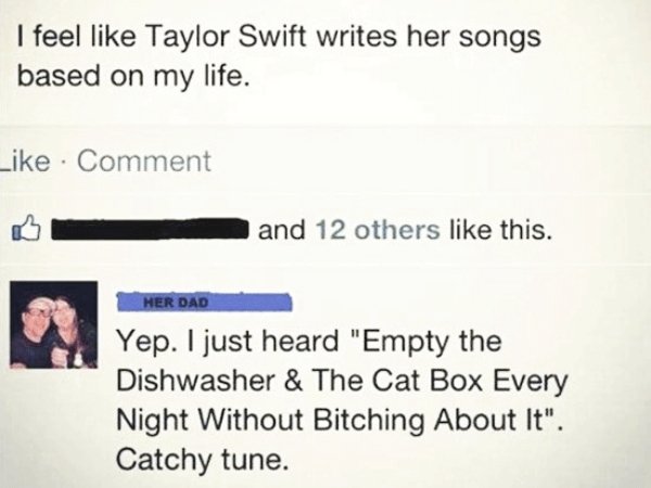 document - I feel Taylor Swift writes her songs based on my life. Comment and 12 others this. Her Dad Yep. I just heard "Empty the Dishwasher & The Cat Box Every Night Without Bitching About It". Catchy tune.