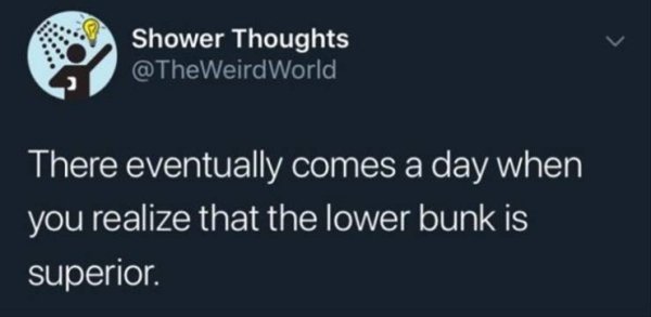 used to think going to sleep late - Shower Thoughts World There eventually comes a day when you realize that the lower bunk is superior