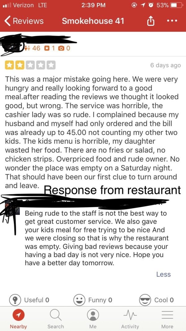 bad reviews for restaurant service - . Verizon Lte @ 1 0 53% ...