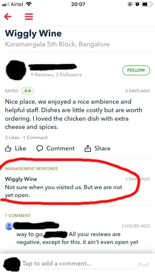number - ... Airtel Wiggly Wine Koramangala 5th Block, Bangalore 9 Reviews, 3 ers Rated 4 3 Days Ago Nice place, we enjoyed a nice ambience and helpful staff. Dishes are little costly but are worth ordering. I loved the chicken dish with extra cheese and 