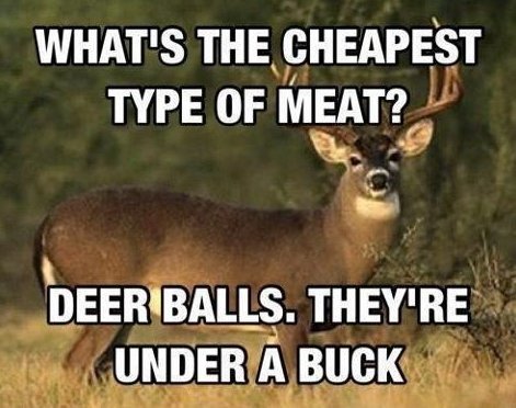buck joke - What'S The Cheapest Type Of Meat? Deer Balls. They'Re Under A Buck