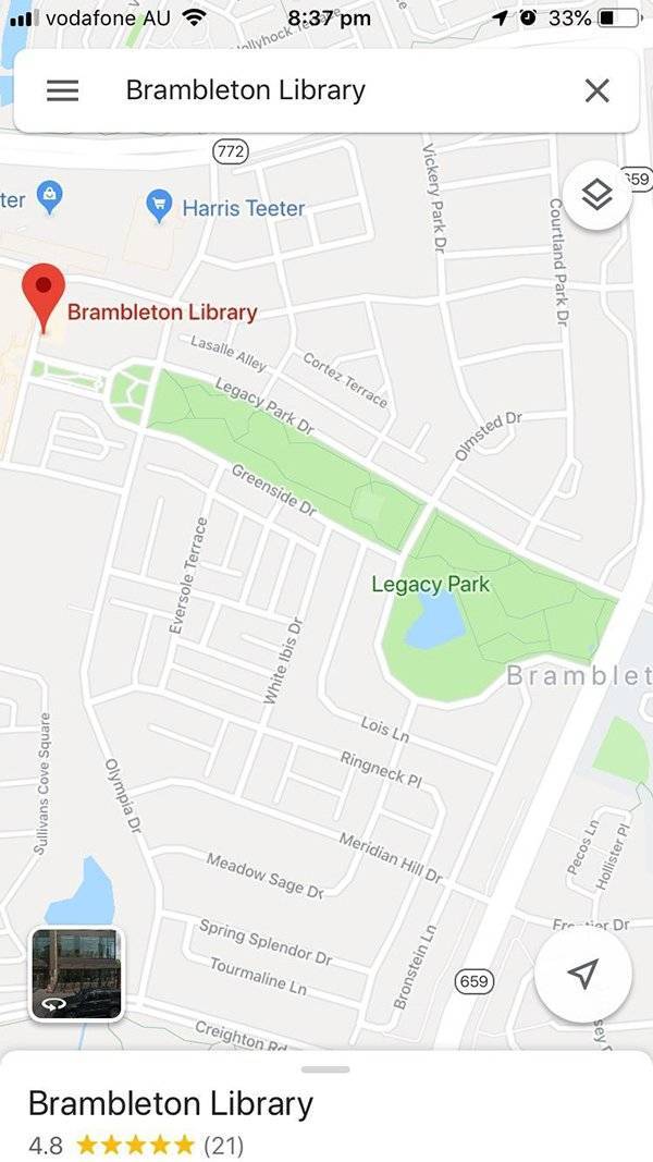 map - oll vodafone Au 1 0 33% 1 Brambleton Library 772 ter Harris Teeter Vickery Park Dr Courtland Park Dr Brambleton Library Lasalle Alley Cortez Terrace Legacy Park Dr olmsted Greenside Dr Eversole Terrace Legacy Park White Ibis Dr Bramblet Lois en Ring