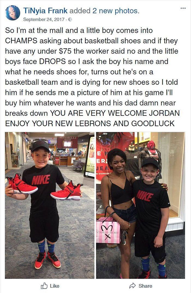 happy kid for new shoes - TiNyia Frank added 2 new photos. . So I'm at the mall and a little boy comes into Champs asking about basketball shoes and if they have any under $75 the worker said no and the little boys face Drops so I ask the boy his name and