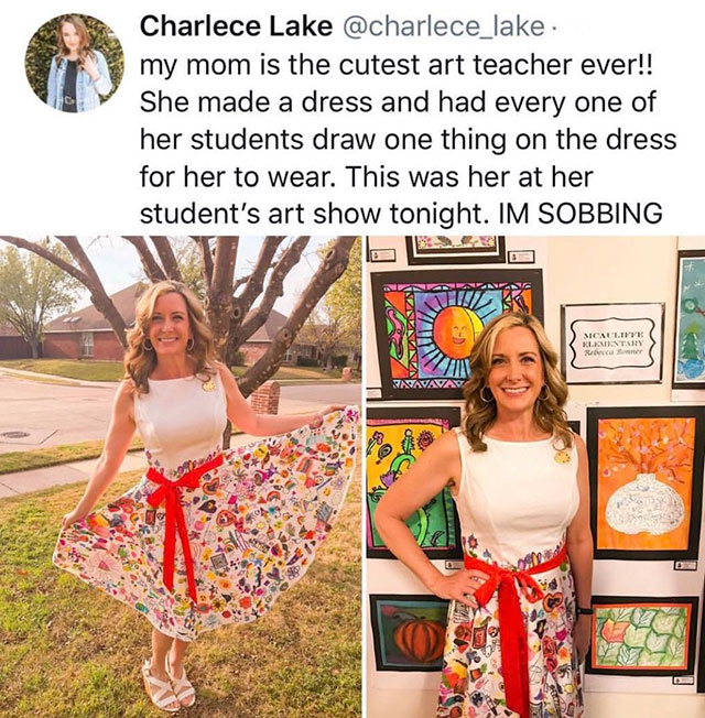 teacher rebecca bonner art dress - Charlece Lake . my mom is the cutest art teacher ever!! She made a dress and had every one of her students draw one thing on the dress for her to wear. This was her at her student's art show tonight. Im Sobbing Mical Liv