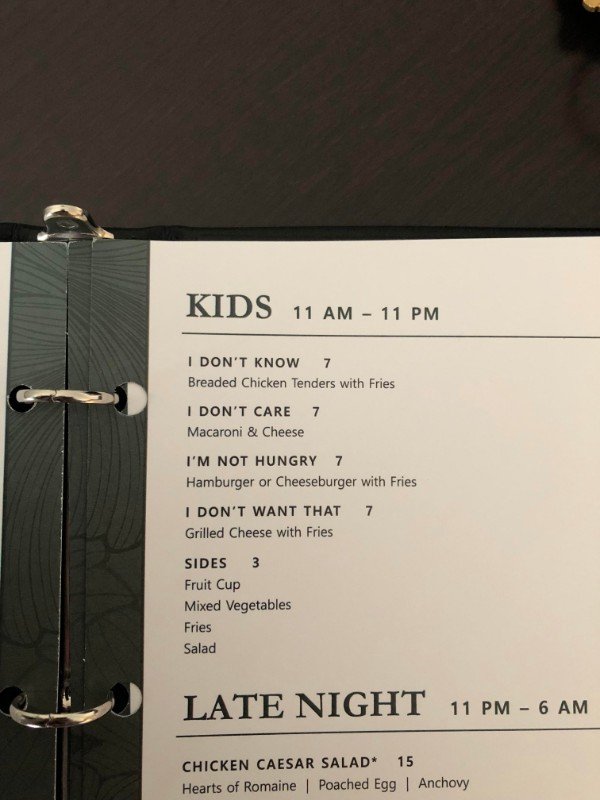 Kid's menu at a hotel.