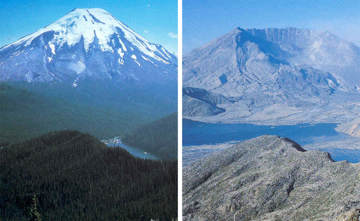 Mount St. Helens before and after its 1980 eruption.
