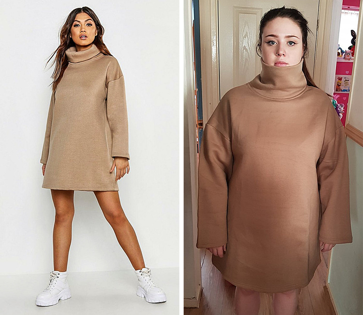 Sweatshirt dress on a model and in reality.