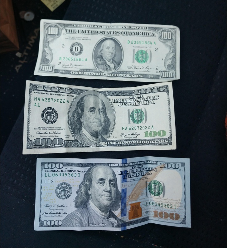 100 dollar bills from 3 different generations