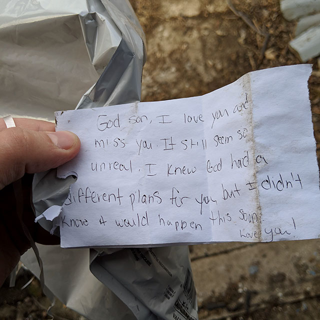 A note somebody wrote to their dead son.