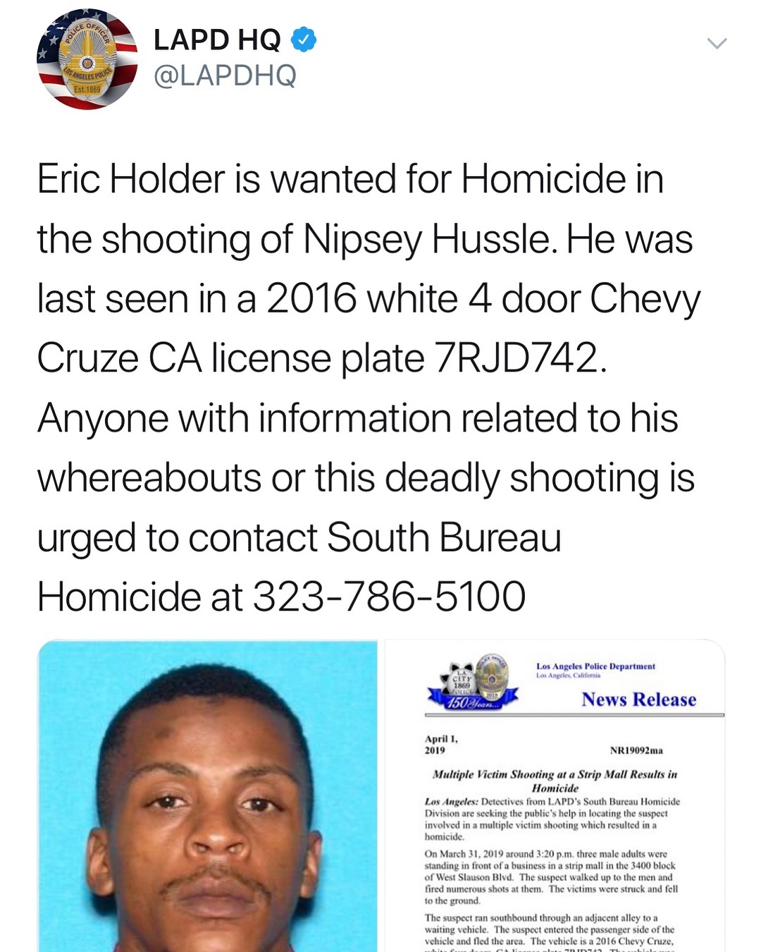 LAPD names the suspected killer of Nipsey Hussle.