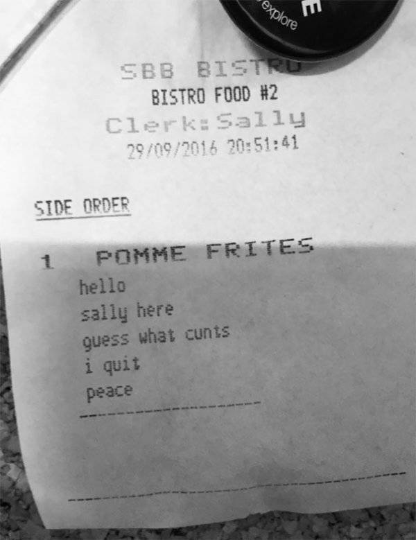 monochrome photography - explore Sbb Bistru Bistro Food Clerk Sally 29092016 41 Side Order Pomme Frites hello sally here guess what cunts i quit peace