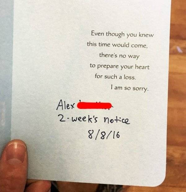 funny resignation letter sorry for your loss - Even though you knew this time would come, there's no way to prepare your heart for such a loss. I am so sorry. Alex 2week's notice 8816