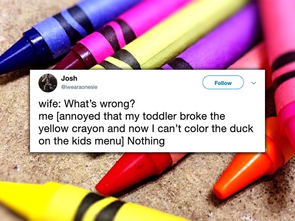 term one - Josh iwearaonesie wife What's wrong? me annoyed that my toddler broke the yellow crayon and now I can't color the duck on the kids menu Nothing