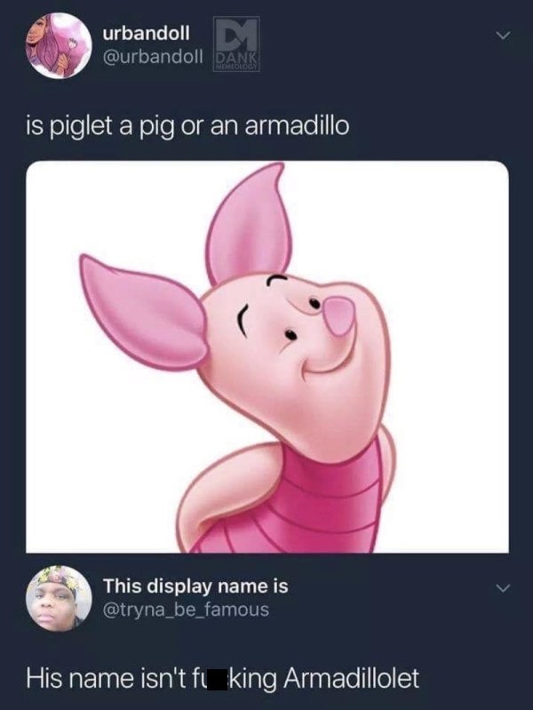 piglet a pig or an armadillo meme - urbandol urbandoll Danes is piglet a pig or an armadillo This display name is His name isn't fuking Armadillolet