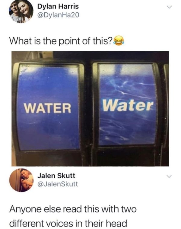 water meme - Dylan Harris What is the point of this? Water Water Jalen Skutt Anyone else read this with two different voices in their head