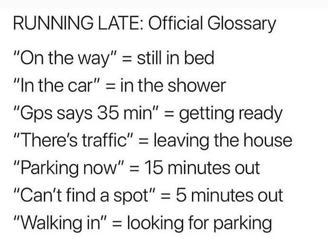 handwriting - Running Late Official Glossary "On the way" still in bed "In the car" in the shower "Gps says 35 min" getting ready "There's traffic" leaving the house "Parking now" 15 minutes out "Can't find a spot" 5 minutes out "Walking in" looking for p