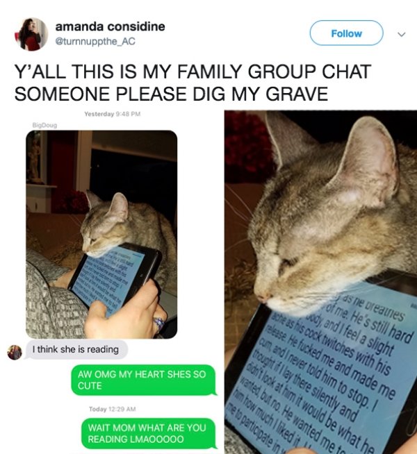 cat reading erotic on ipad - amanda considine Y'All This Is My Family Group Chat Someone Please Dig My Grave Yesterday BigDoug ody, and I feel a slight che as his cock twitches with his as ne breaines of me. He's still hard release. He fucked me and made 