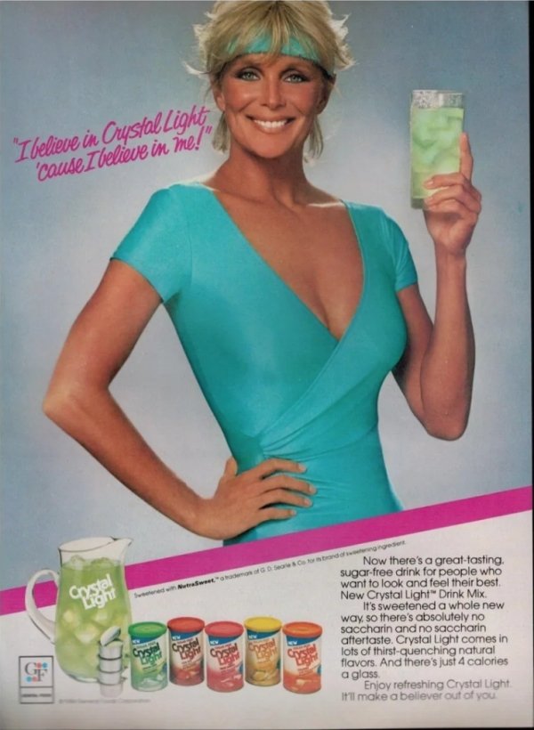 linda evans crystal light - I believe in Crystal Light 'Cause I believe in me! Now there's a greattasting. sugarfree drink for people who want to look and feel their best New Crystal Light" Drink Mix It's sweetened a whole new way, so there's absolutely n