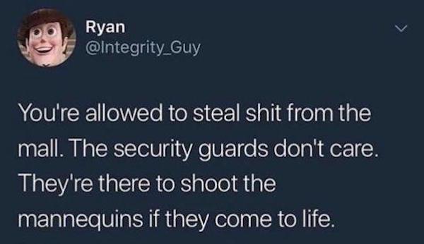 wtf i m a hoe - Ryan You're allowed to steal shit from the mall. The security guards don't care. They're there to shoot the mannequins if they come to life.
